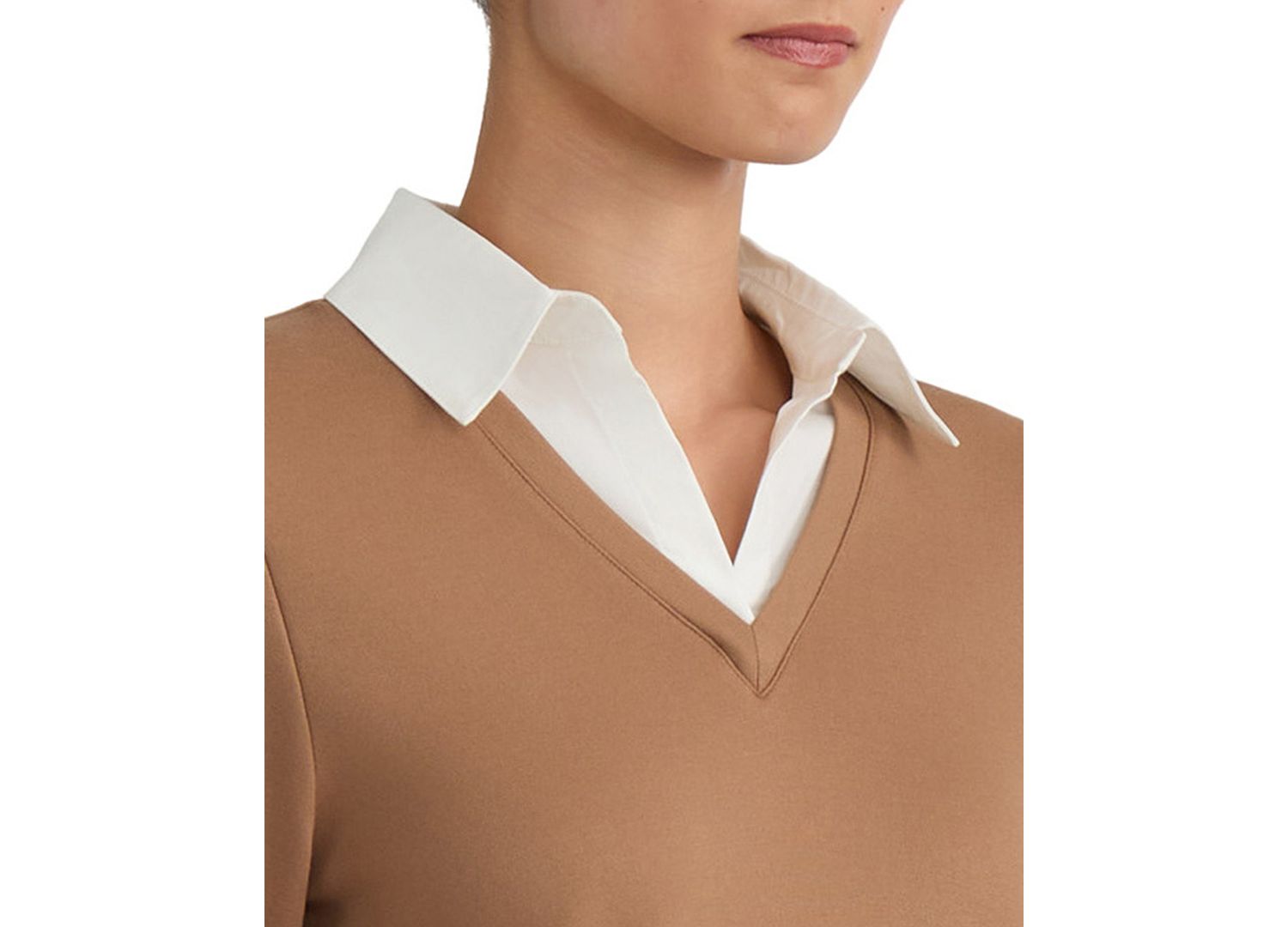 Plus Size Twofer Long-Sleeve Collared V-Neck Woven-Cuff Blouse