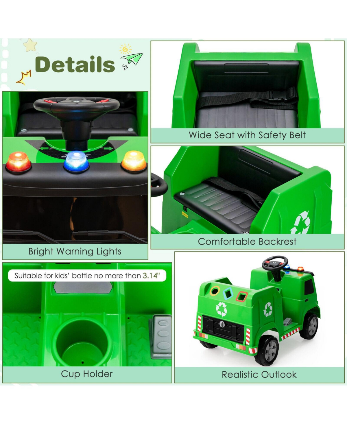Volenca 12V Garbage Truck Remote Control Ride-On with Warning Lights, Up to 77 lbs, Ages 3-8