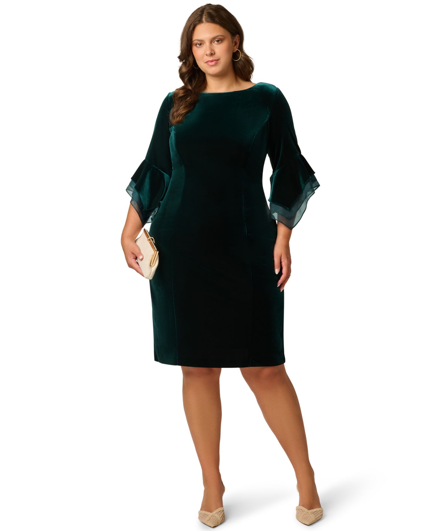 Plus Velvet Bell-Sleeve Mesh-Trim Dress