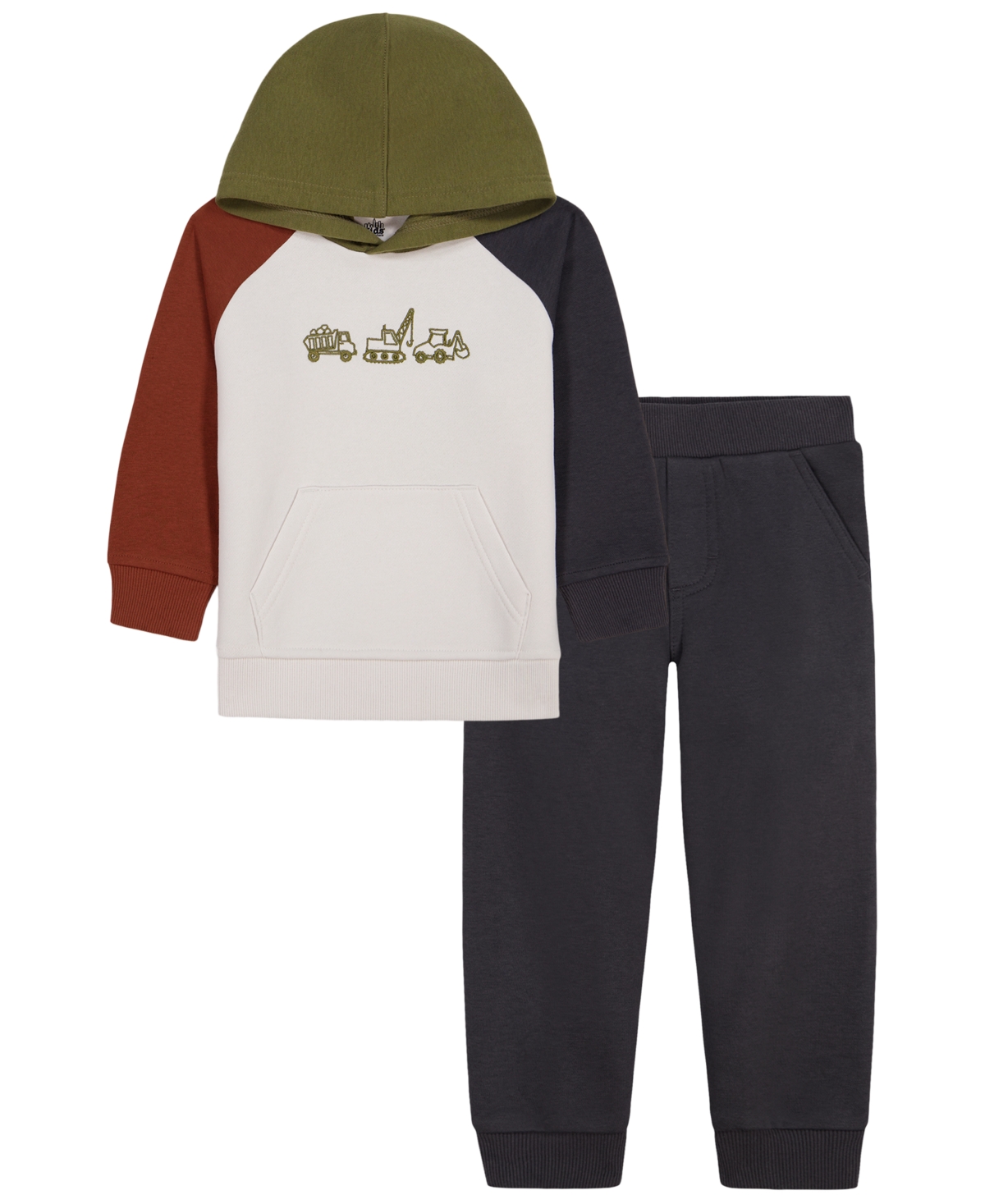 Kids Headquarters Babies' Toddler Boys' 2t-5t Colorblock Side-striped Kangaroo-pocket Hoodie And Jogger Pants, 2-piece Set In Ivory,gray