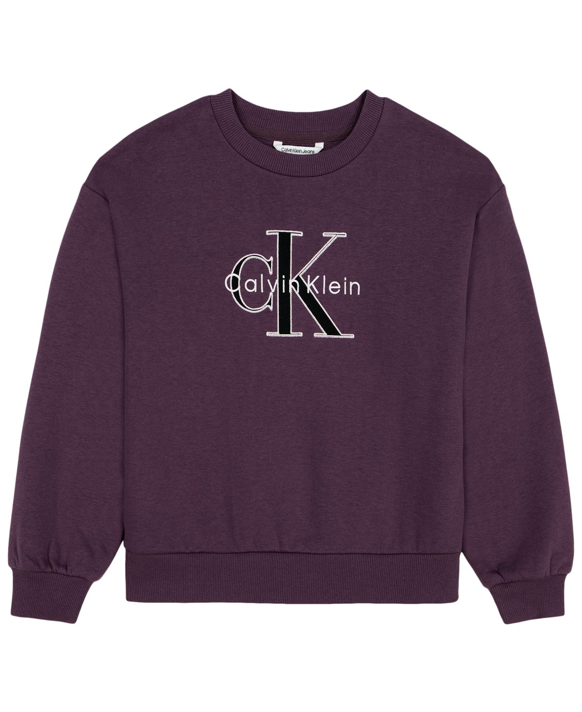 Calvin Klein Girls' 7-16 Monologo Drop-Shoulder Fleece Crewneck Sweatshirt - Vintage Violet