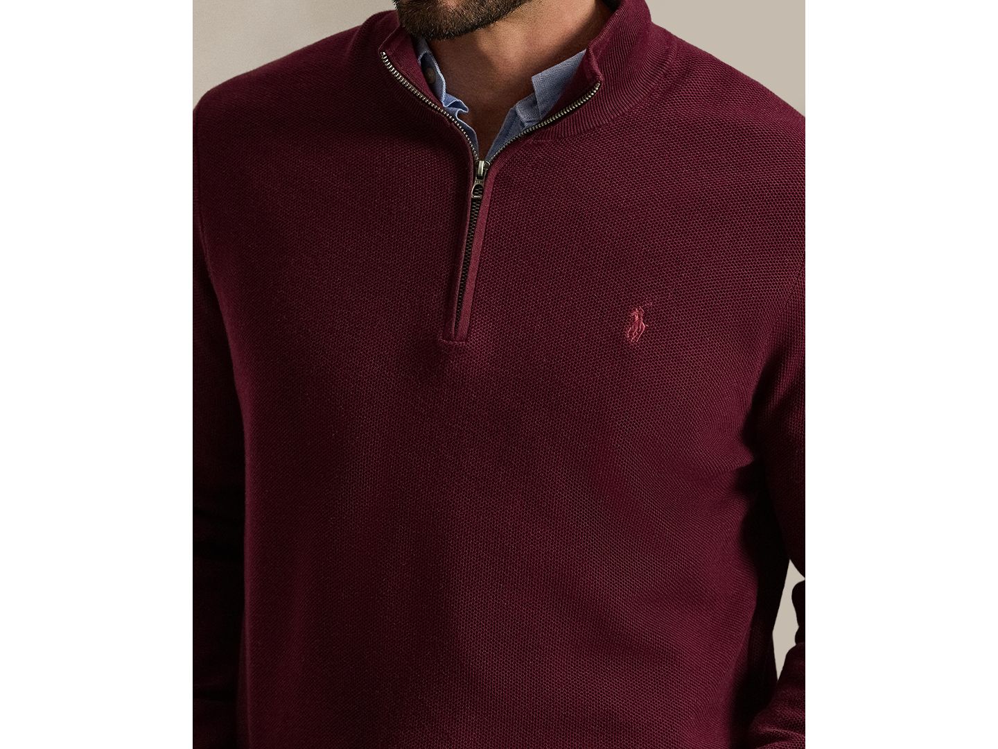 Мужской свитер Polo Ralph Lauren Mesh-Knit Quarter-Zip Cotton, цвет: Мерло винный меланжевый — фото 3