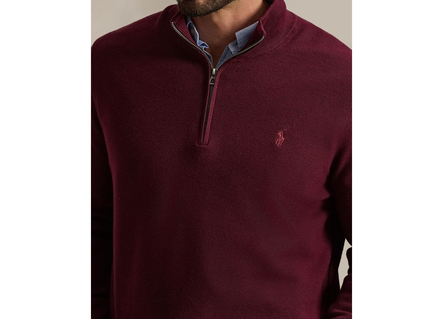 Men's Mesh-Knit Quarter-Zip Cotton Sweater