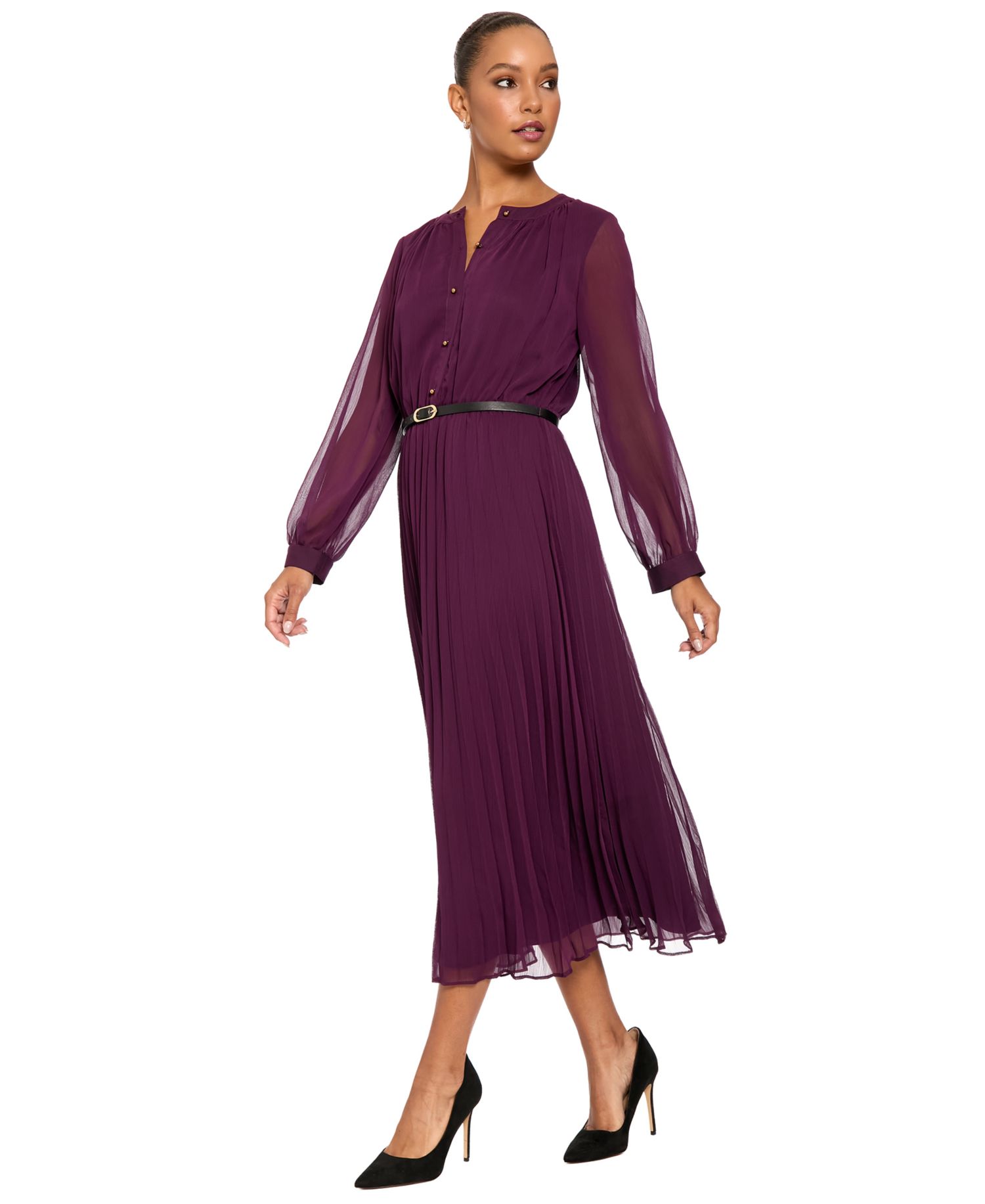 Women's Tea Pleated Chiffon Midi Long-Sleeve Dress