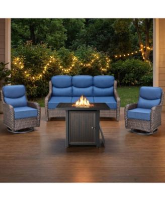 Homile 4 Pieces Outdoor Wicker Sofa Conversation Set with Swivel Chairs, Fire Pit Table, 6inch Thick Cushions