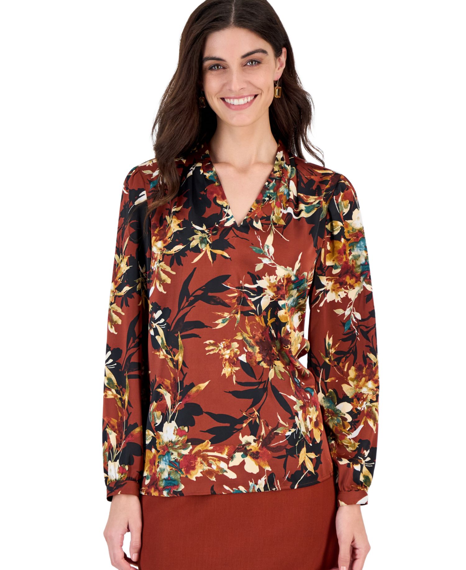 Women's Long-Sleeve Floral-Print V-Neck Blouse