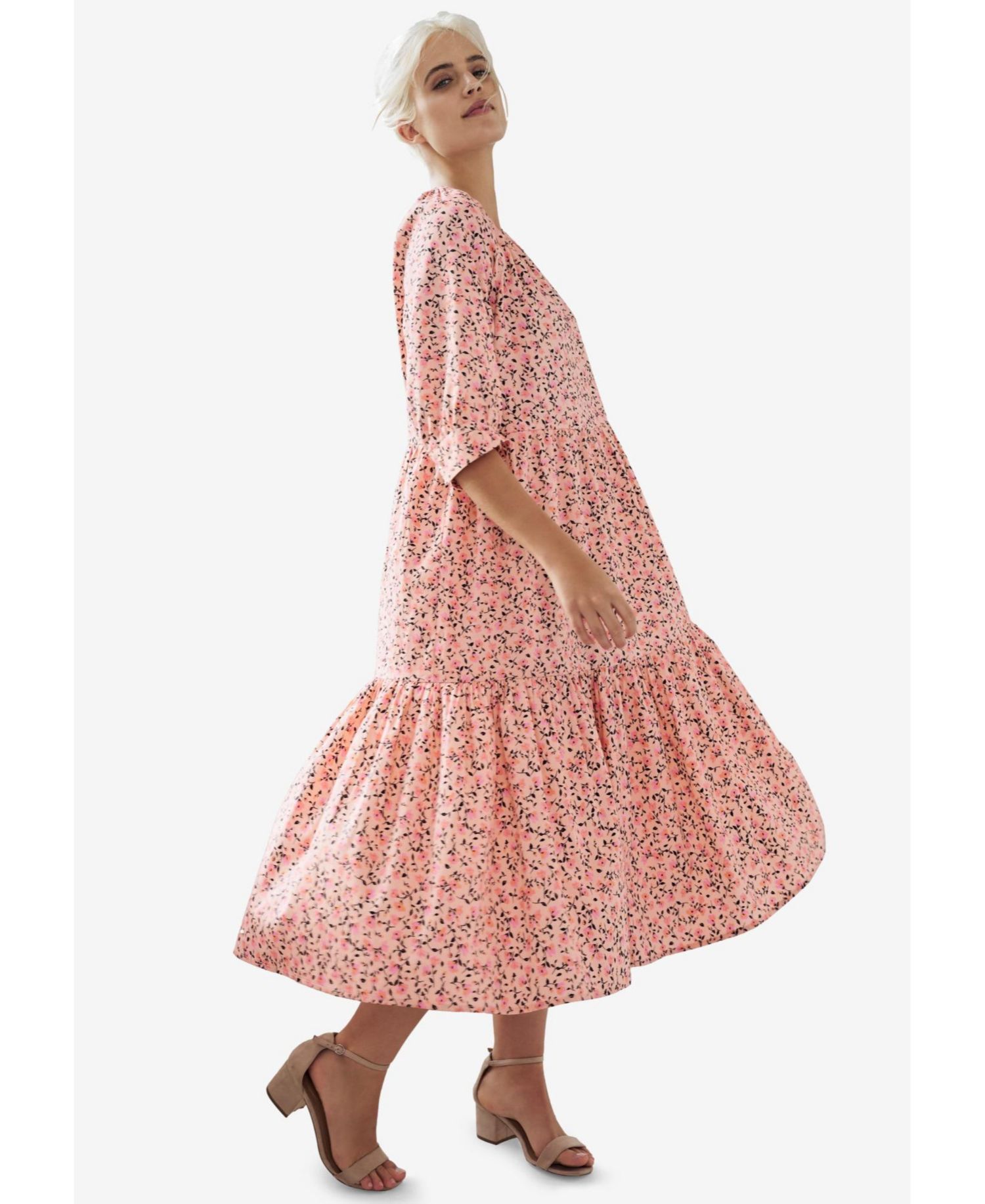 Women's 100% Cotton Tiered Below-Elbow Sleeve Midi Dress