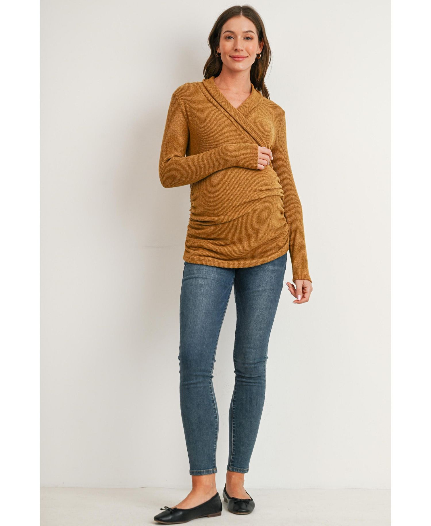 Maternity Nursing Ribbed-Knit Crossover V-Neck Long-Sleeve Top
