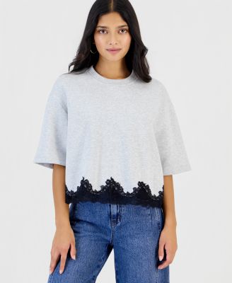 Petite Lace-Trim Fleece Lounge Sweatshirt