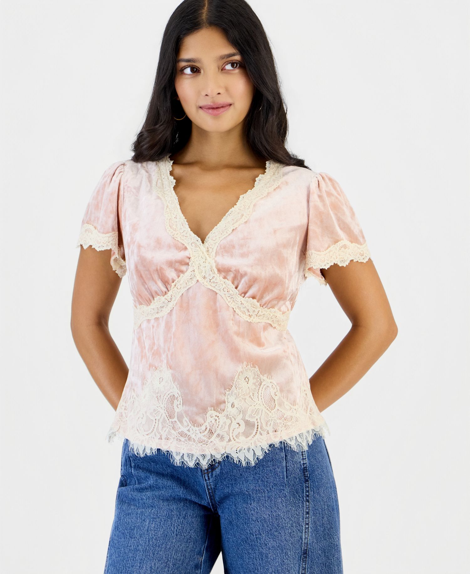 Petite Velvet Lace-Trim V-Neck Short-Sleeve Blouse