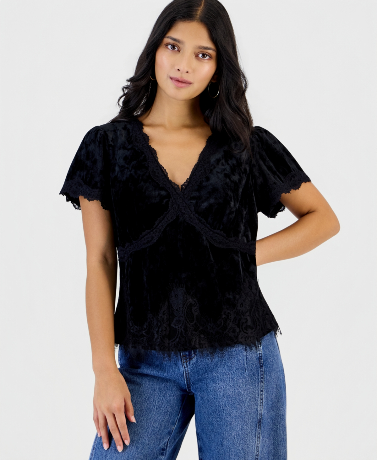 And Now This Petite Velvet Lace-Trim V-Neck Short-Sleeve Blouse, Macy's Exclusive