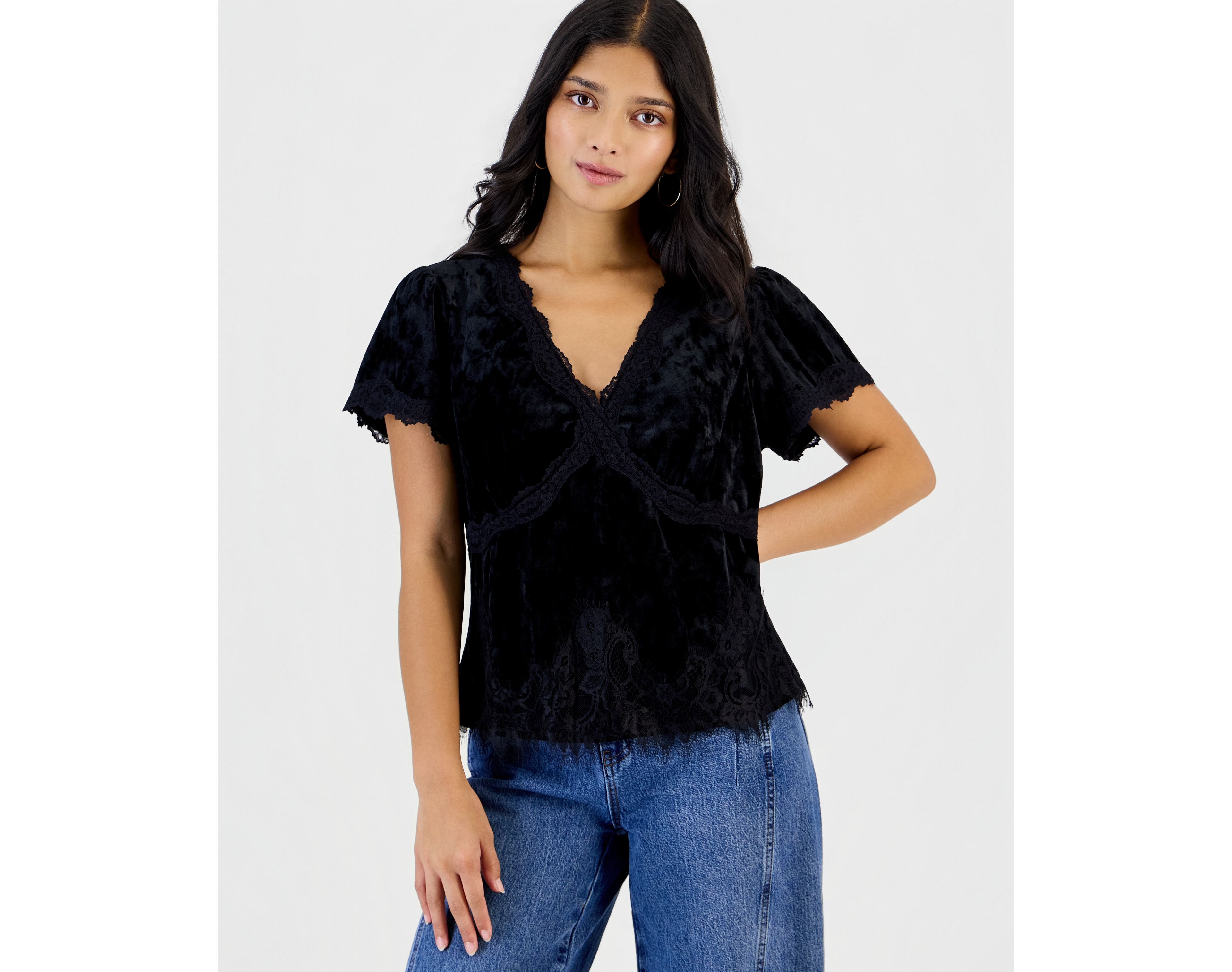 And Now This Petite Velvet Lace-Trim V-Neck Short-Sleeve Blouse, Macy's Exclusive