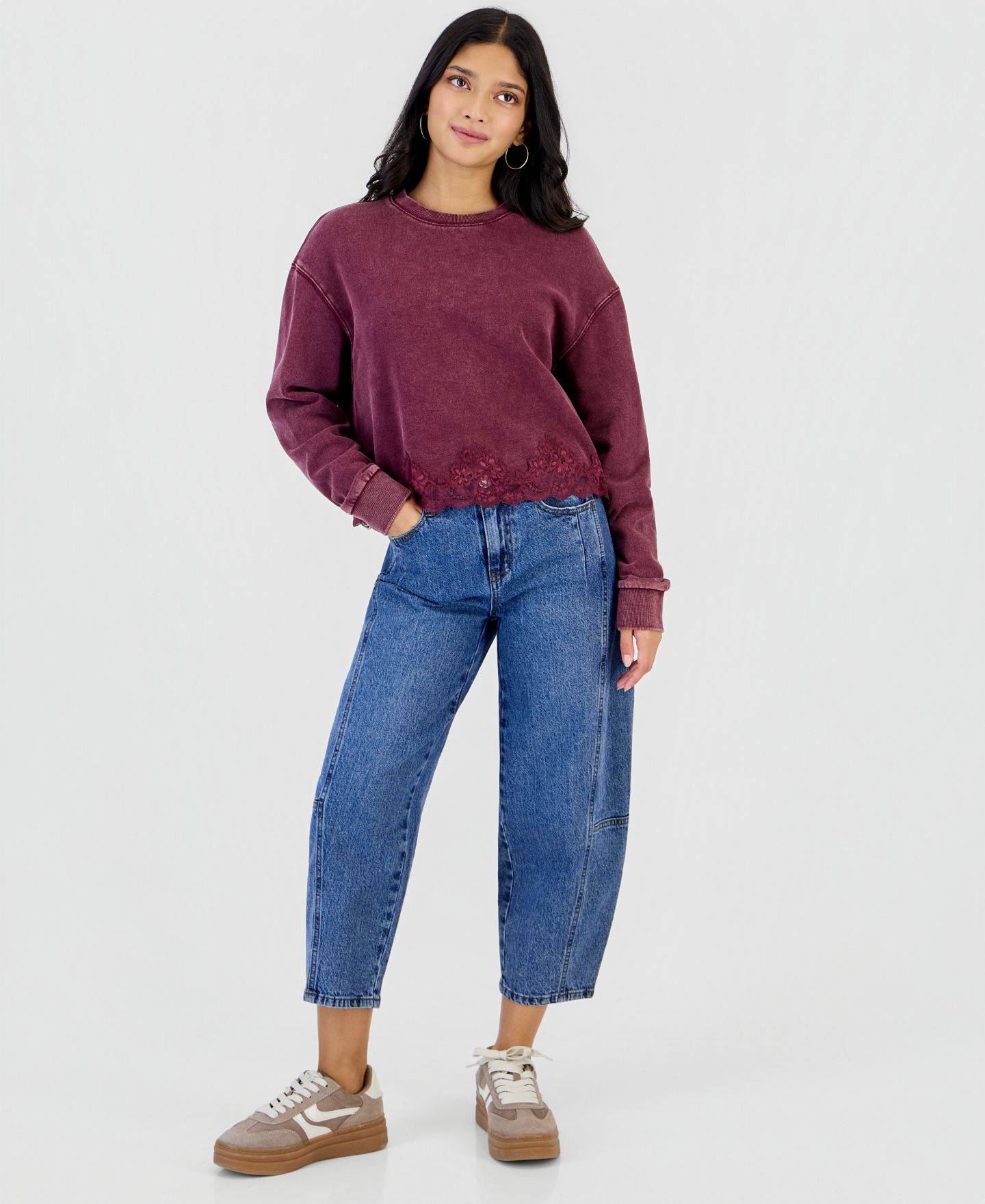 Женская толстовка And Now This Petite Lace-Trim Long-Sleeve Fleece Lounge Sweatshirt, цвет: Чёрный — фото 4