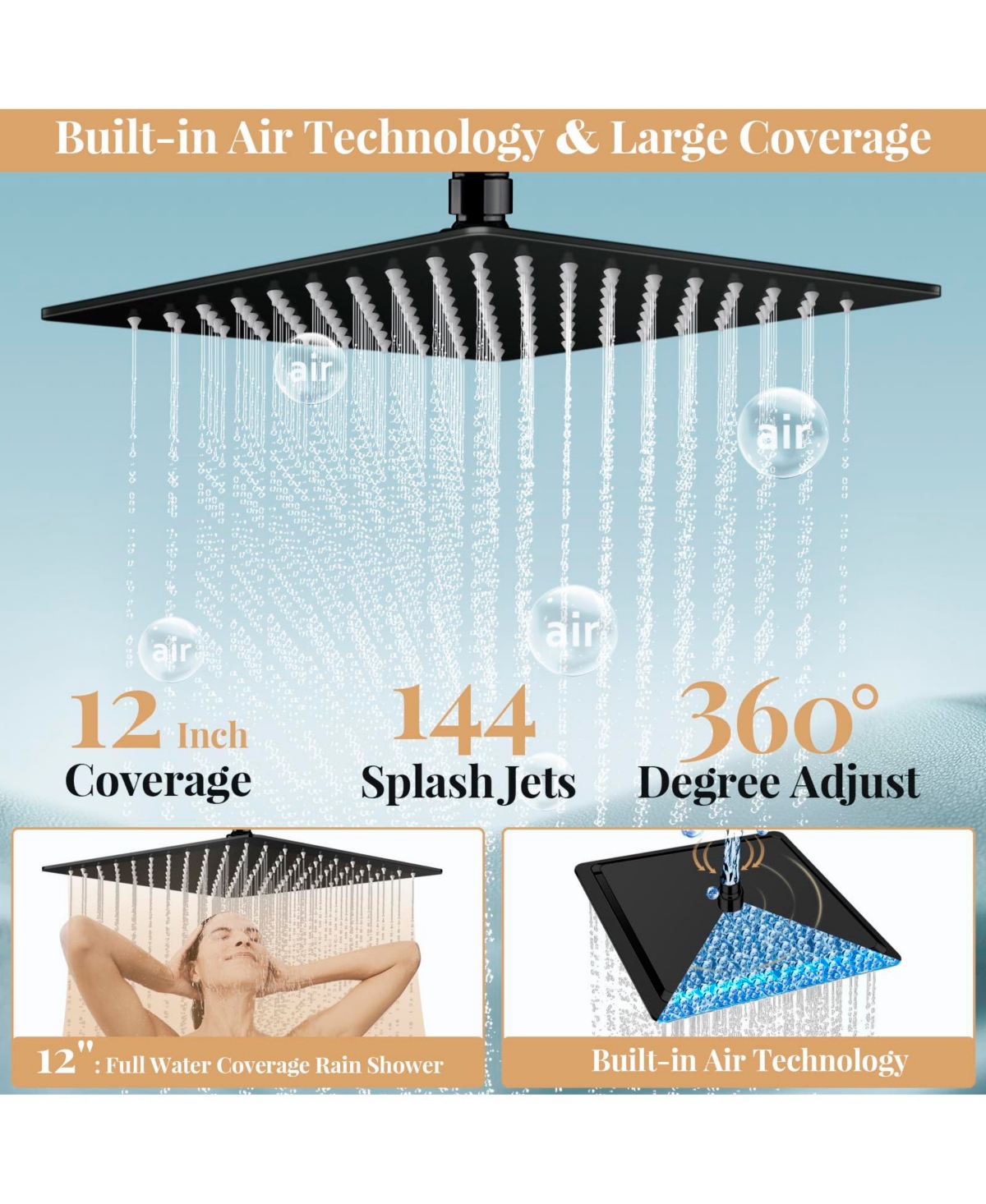 Cyqbd 12'' Rain Shower Head Handheld Spray Extension Arm 5 Setting Hose
