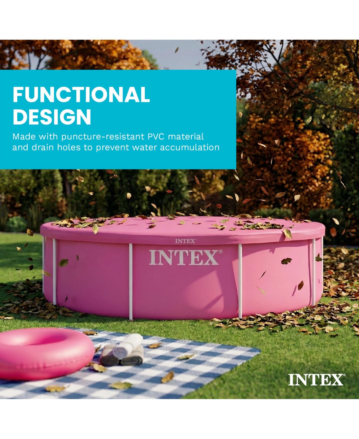 Intex 10 Foot Round Metal Frame Outdoor Backyard Swimming Pool Cover, Pink