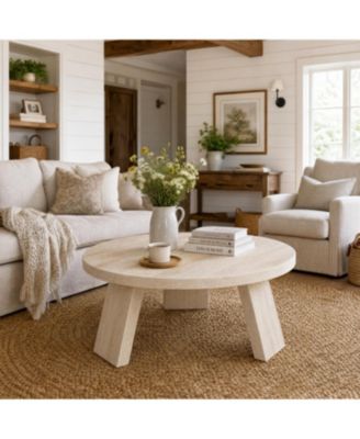 Round Coffee Table 33.5 Inch Mid Century Wood Circle Center Table with Wood Legs Minimalist for Living Room Apartment Small Space