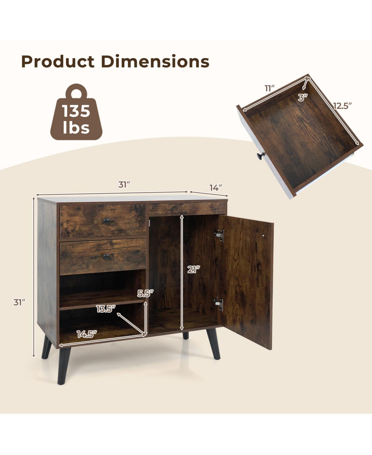 Costway Buffet Cabinet with Storage, 31" Sideboard Credenza Door, Open Compartments