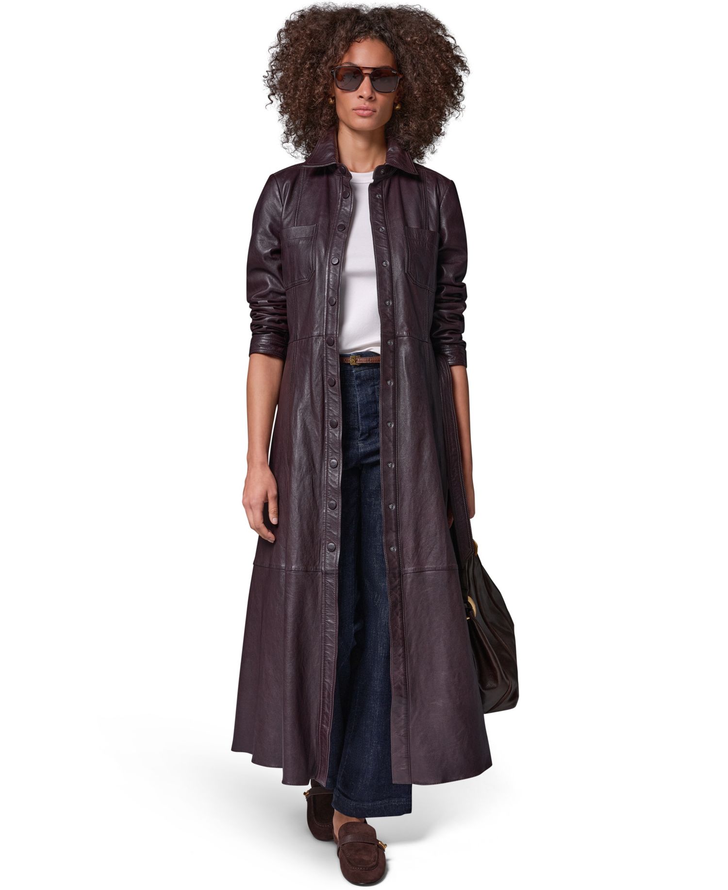 Women's Long-Sleeve A-Line Collared Leather Shirt Dress