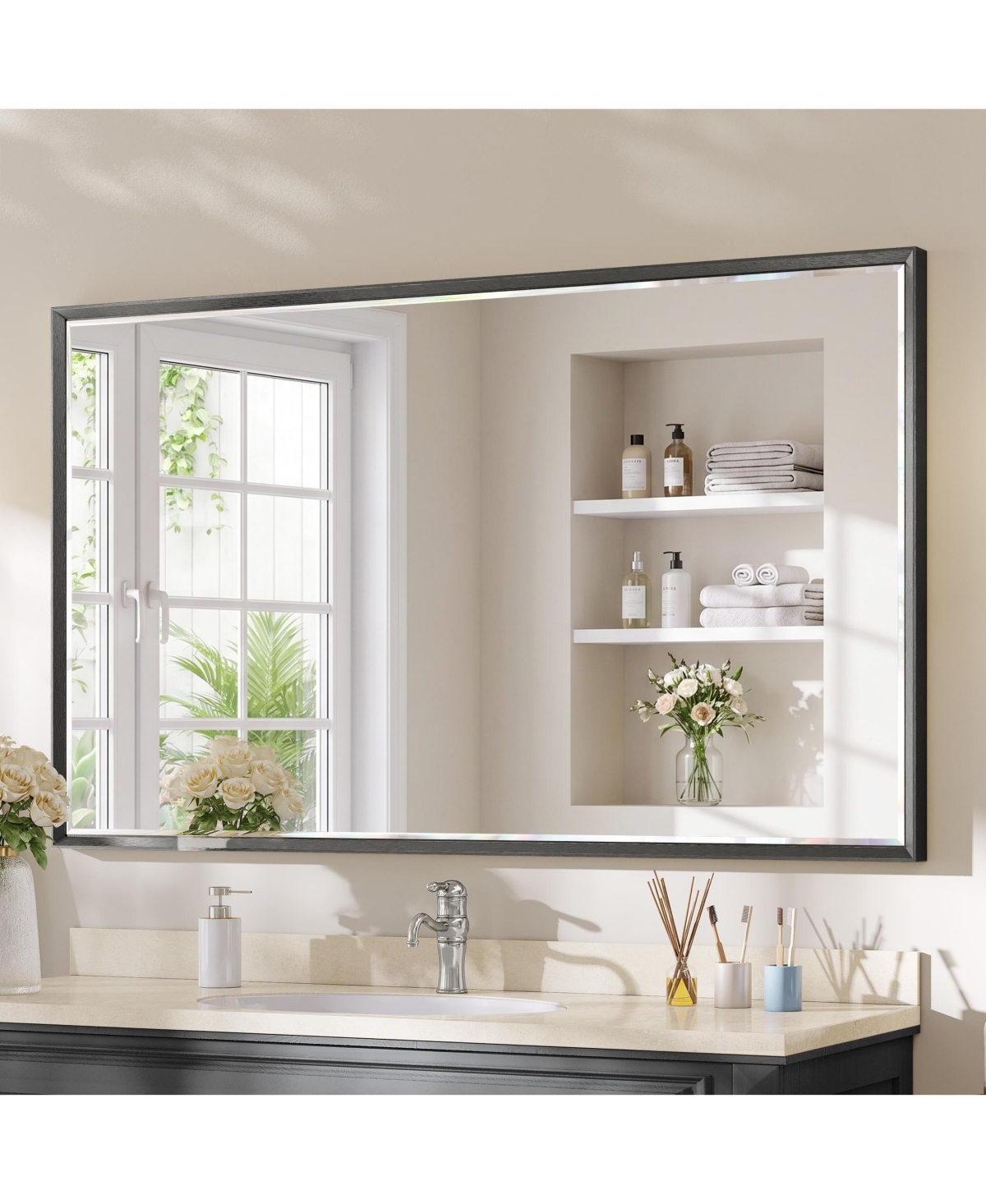 Sonkuki Bathroom Mirror for Over Sink with Anti-Rust Frame, Aluminum Double Beveled Frame and Tempered Glass Wall Restroom