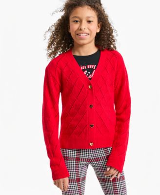 Girls' XS-XL Diamond & Heart Long-Sleeve V-Neck Cardigan