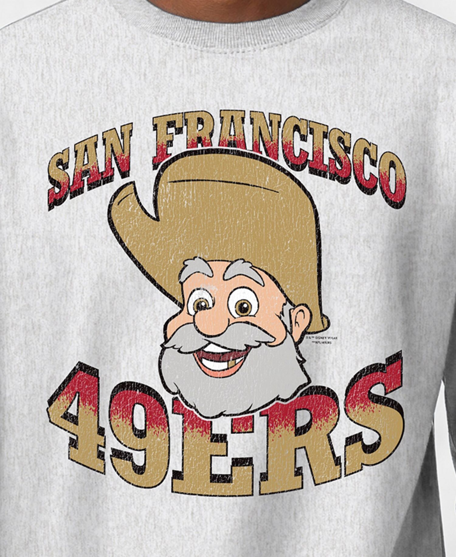 Men's Silver San Francisco 49ers Disney X Champion Reverse Weave Fleece Crewneck Sweatshirt