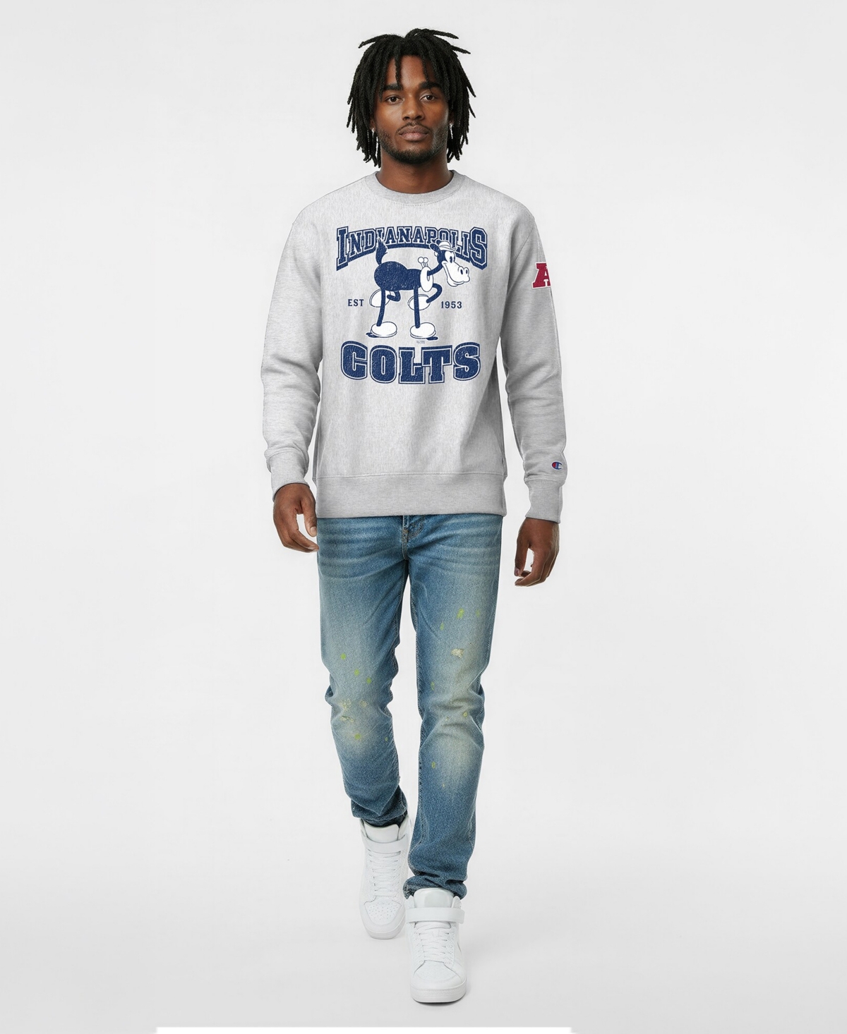 Champion Men's Silver Indianapolis Colts Disney X Reverse Weave Fleece Crewneck Sweatshirt