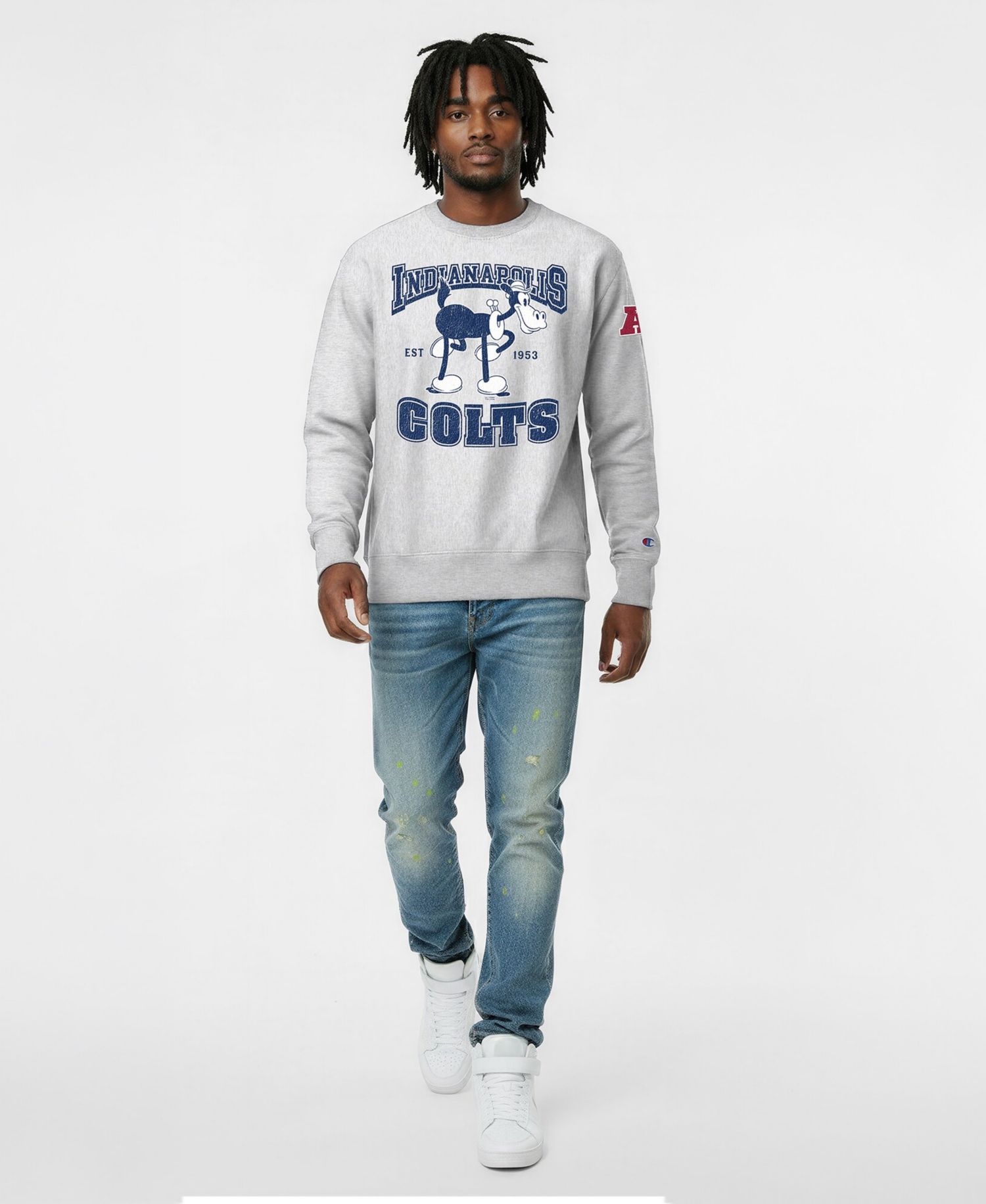 Men's Silver Indianapolis Colts Disney X Champion Reverse Weave Fleece Crewneck Sweatshirt