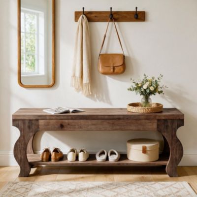 2-Tier Storage Bench for Entryway, Solid Wood Shoe Bench
