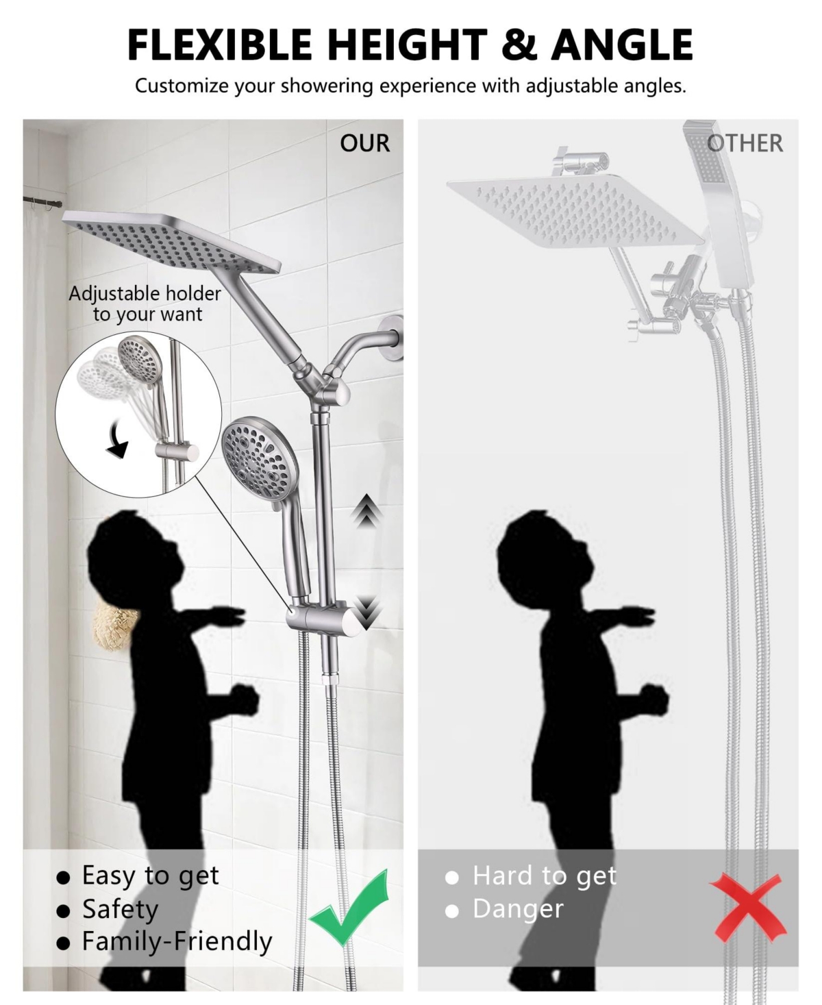 Cyqbd Rainfall Shower Head Handheld Slide Bar Height Adjustable