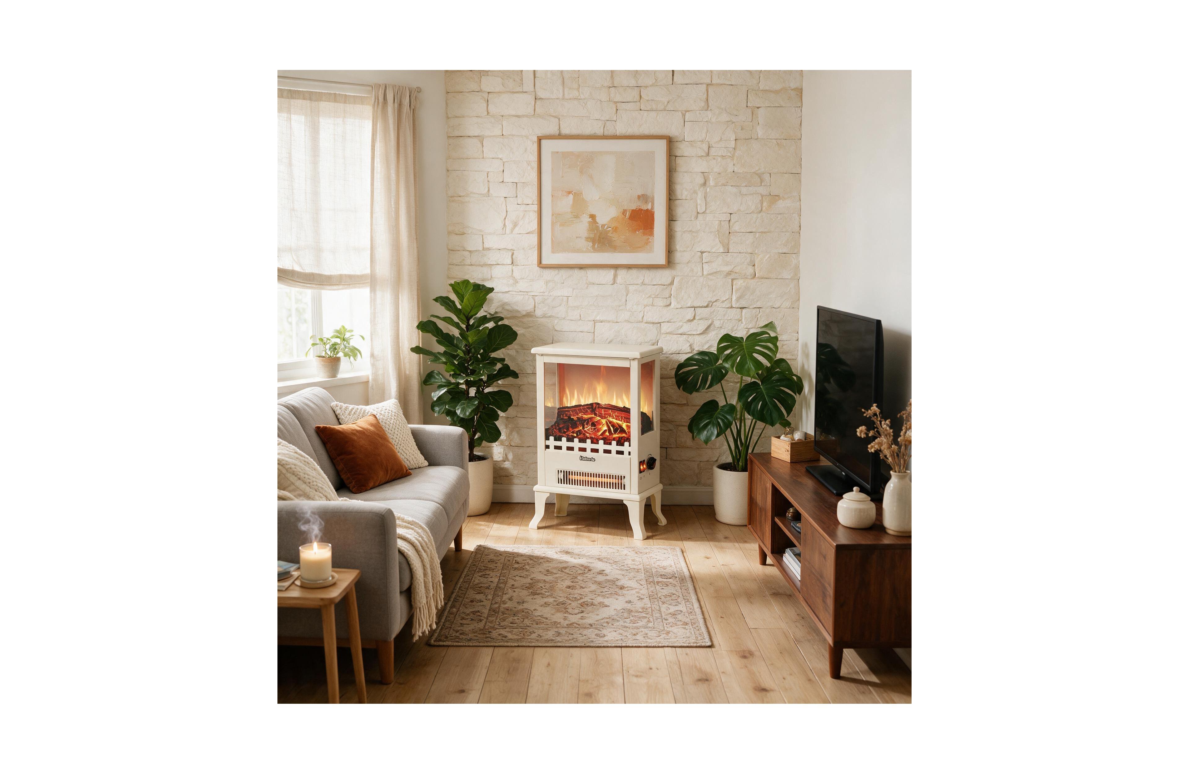 hjomfan 19 Inch Infrared Electric Fireplace Stove Freestanding Heater 3 Sided Viewing Led Flame Overheat Tip Over Protection for Home Office Rooms