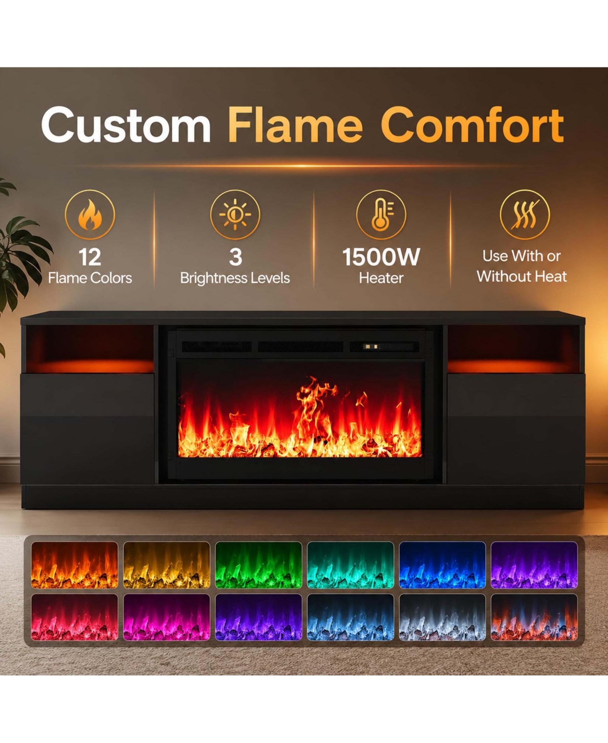 homfan Electric Fireplace Tv Stand Entertainment Center with Heater Adjustable Flame Remote Control Storage Shelves Cabinets for Large TVs Living Room
