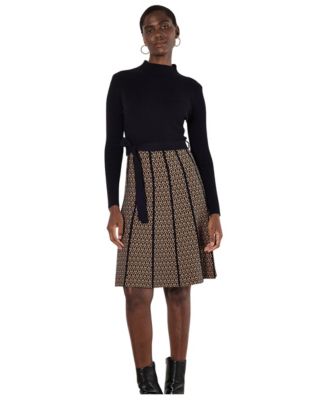 Women's Ribbed-Knit Mock-Neck Geometric Skirt Dress
