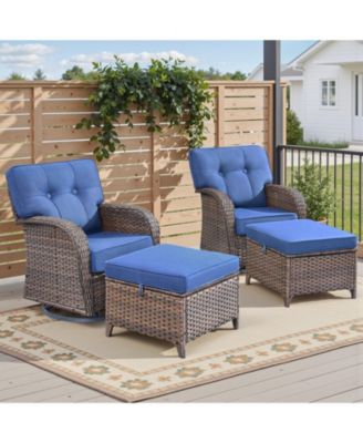 4 Pieces Patio Conversation Set, Wicker Chairs Set of 2 and Ottomans with Cushions, High Back and Curved Armrest
