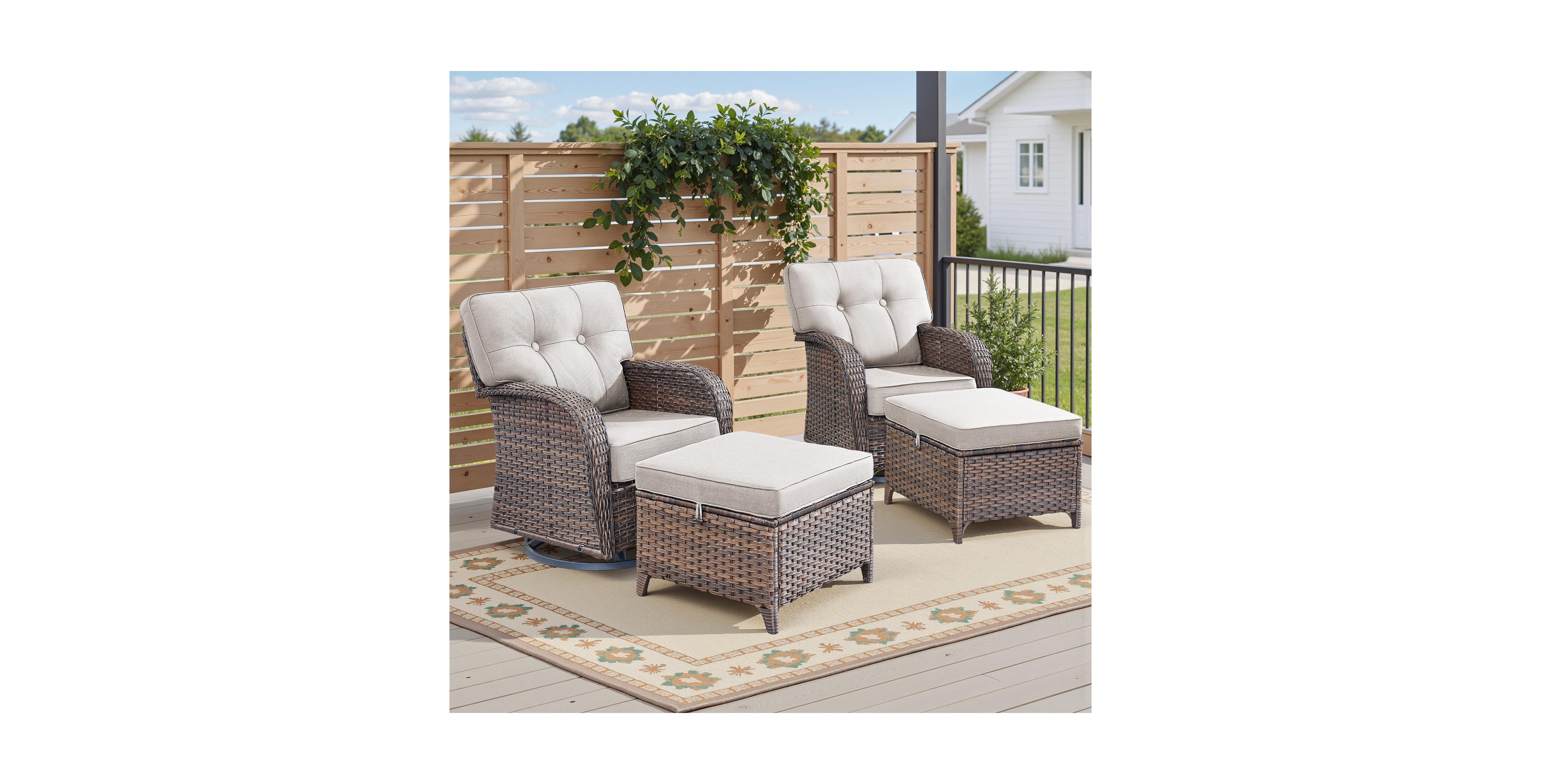 Pocassy 4 Pieces Patio Conversation Set, Wicker Chairs Set of 2 and Ottomans with Cushions, High Back Curved Armrest