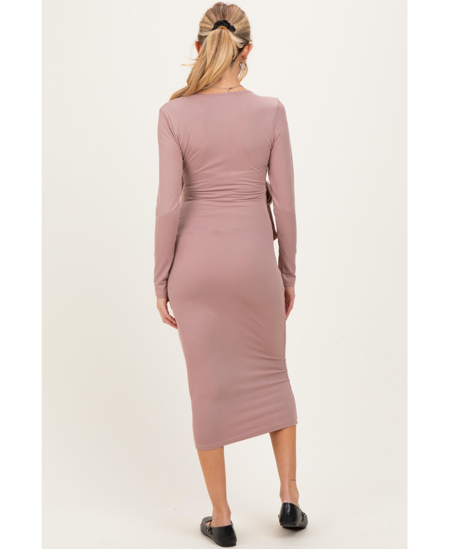Women's Blue Ribbed Long Sleeve Wrap Dress