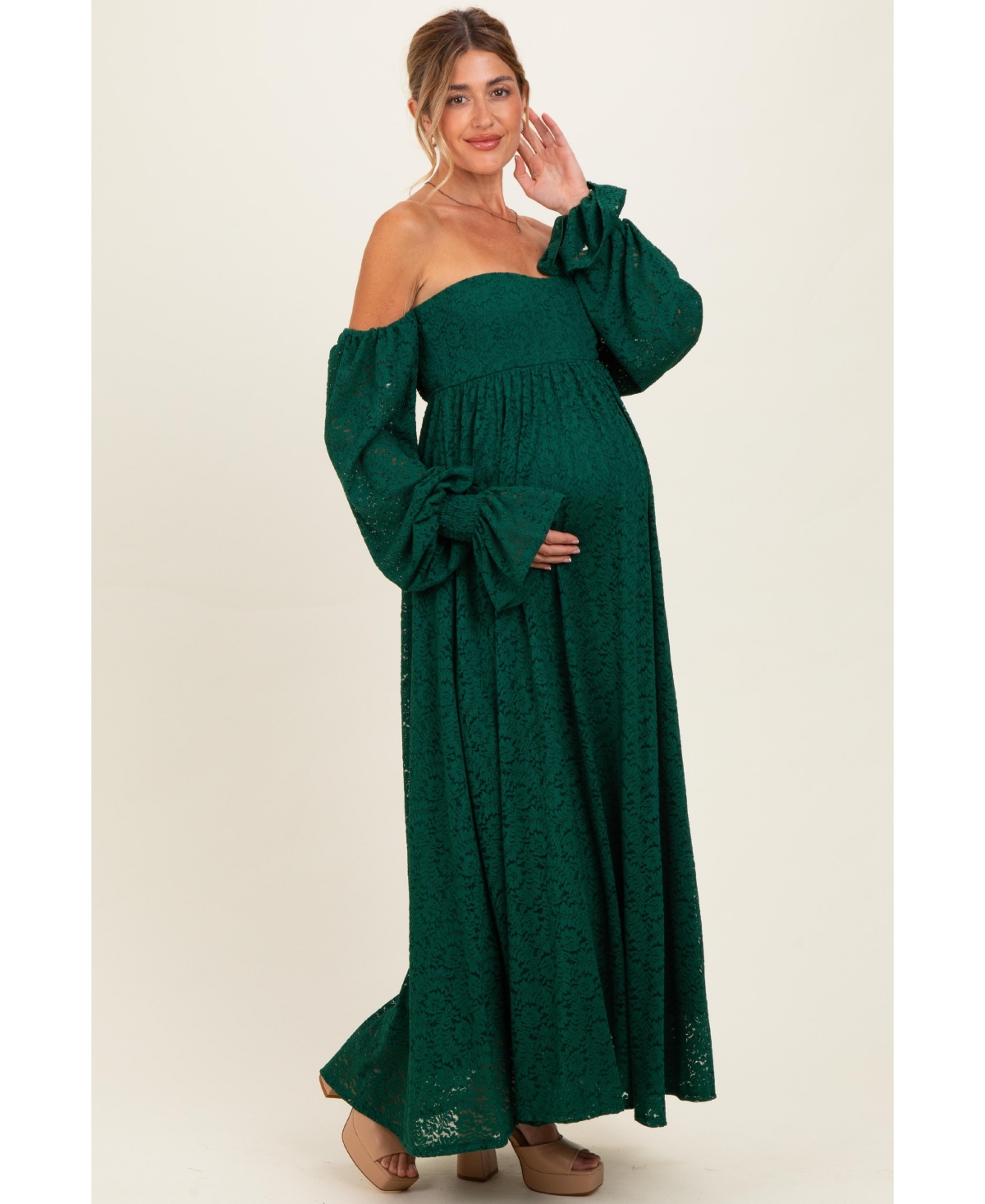 Pinkblush Women's Hunter Green Lace Floral Long Sleeve Photoshoot Gown/Dress