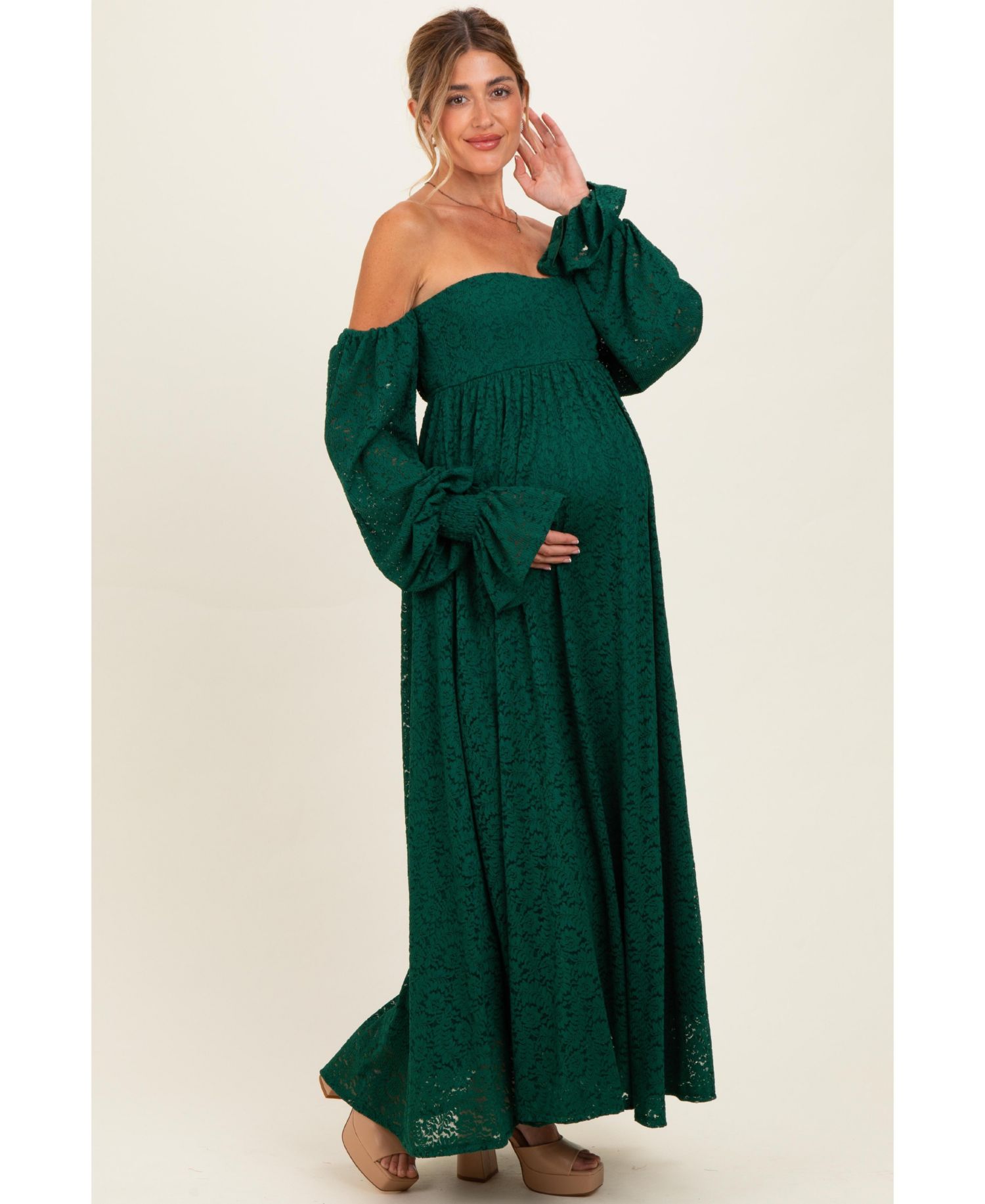 Women's Hunter Green Lace Floral Long Sleeve Photoshoot Gown/Dress