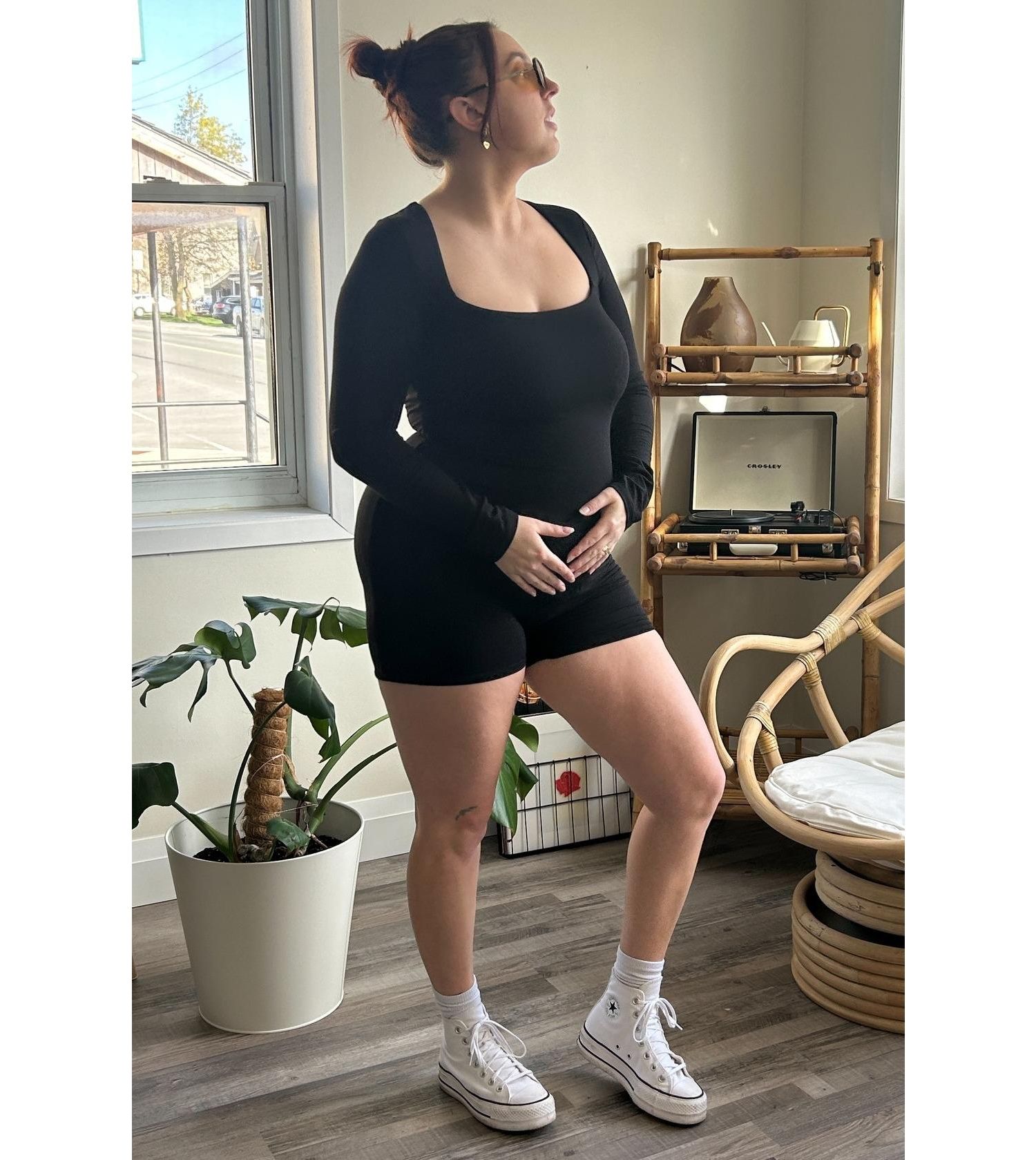 Women's Black Square Neck Long Sleeve Romper