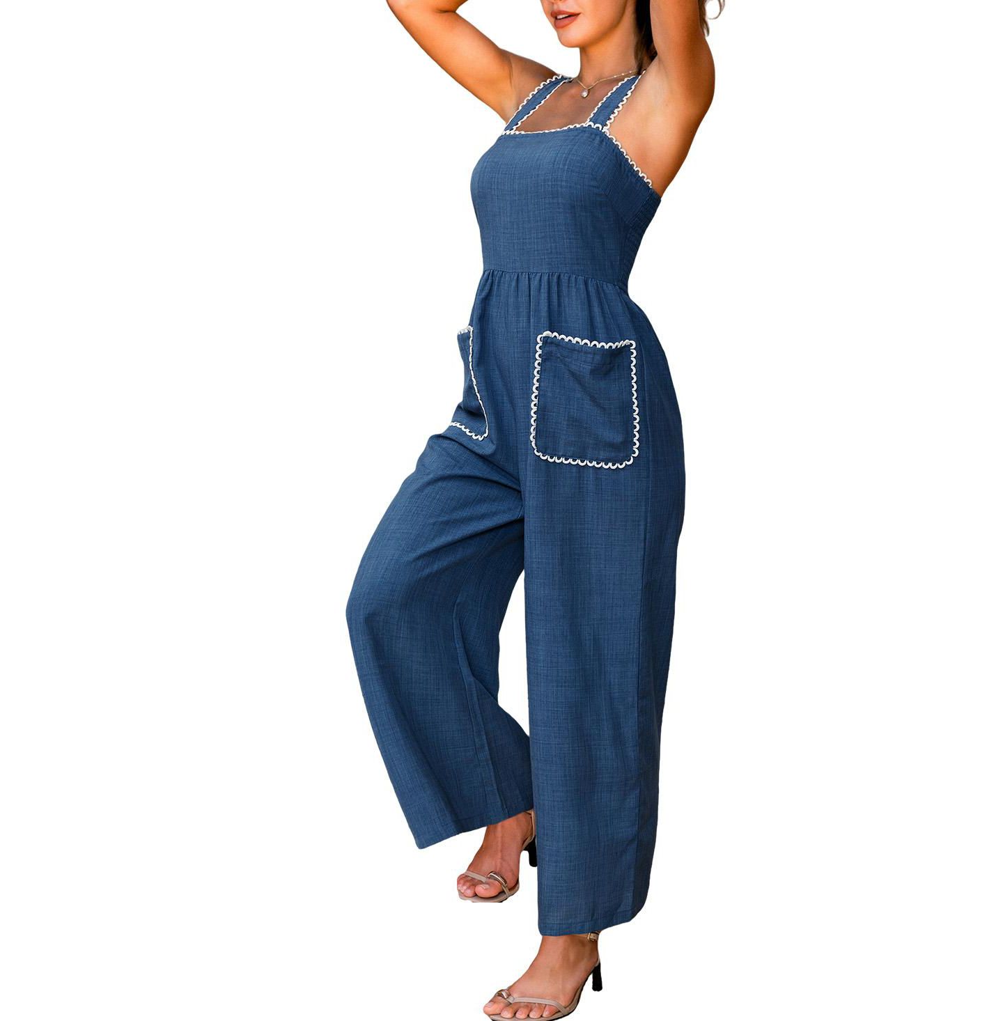 Женский комбинезон Cupshe Ric Rac Trim Square Neck Wide-Leg Jumpsuit, цвет: Синий — фото 2