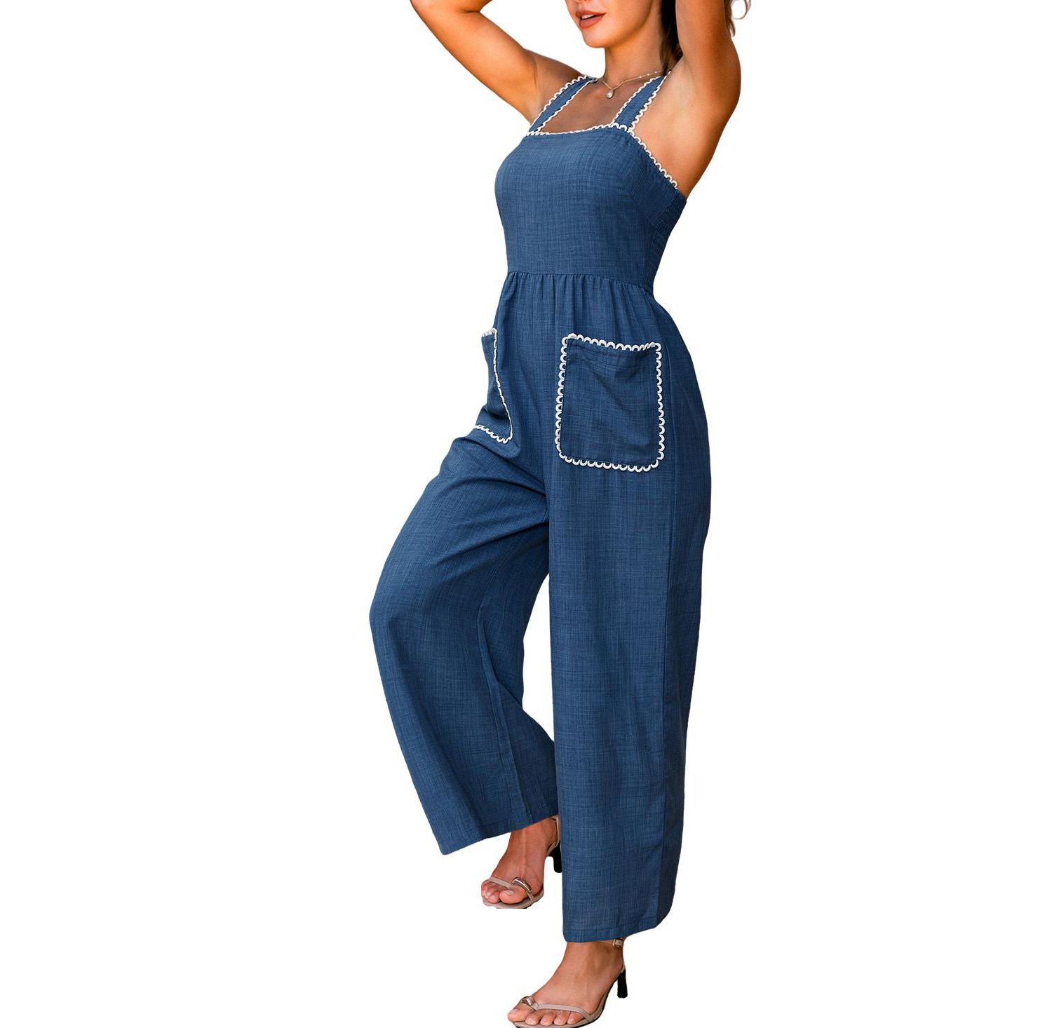 Women's Ric Rac Trim Square Neck Wide-Leg Jumpsuit