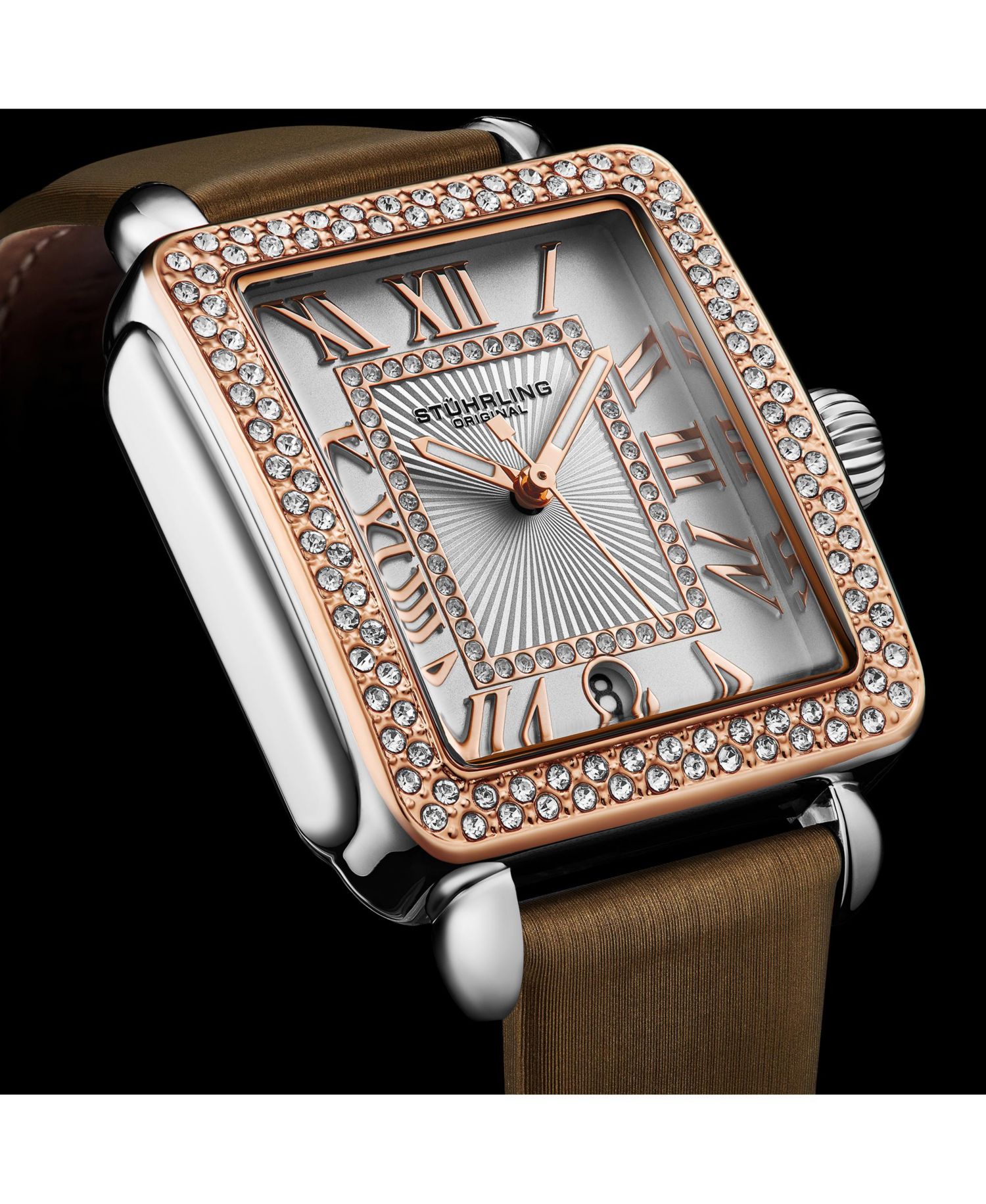 Elegant Women s Rectangular 35x47mm Dress Watch - Model 4060L.5, Rose Gold Crystal Bezel, Silver Case, Brown Leather Strap