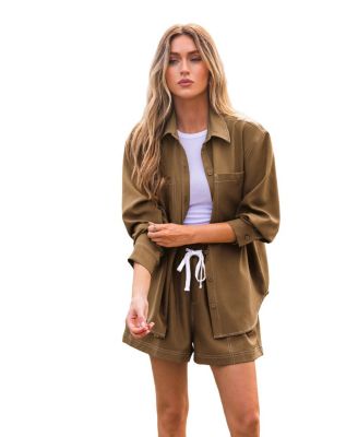 Women's Contrast Stitch Button Down Shirt & Drawstring Short Matching Set