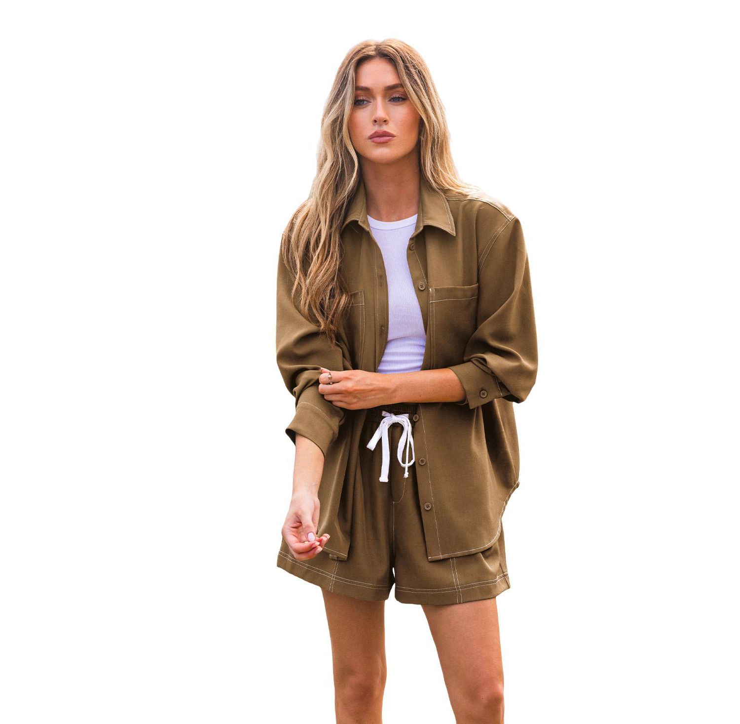 Women's Contrast Stitch Button Down Shirt & Drawstring Short Matching Set