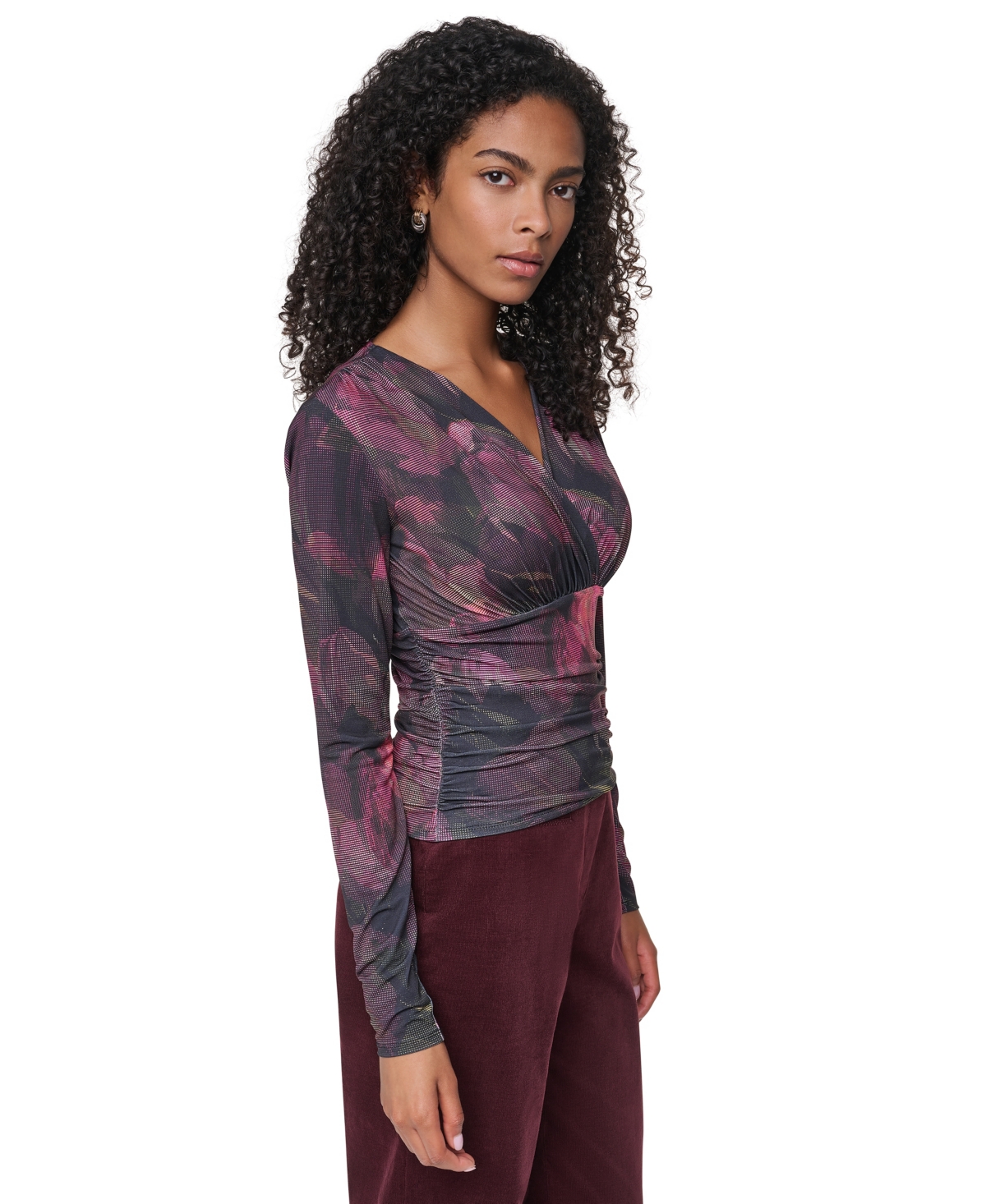 Dkny Women's Floral-Print Ruched Long-Sleeve V-Neck Blouse