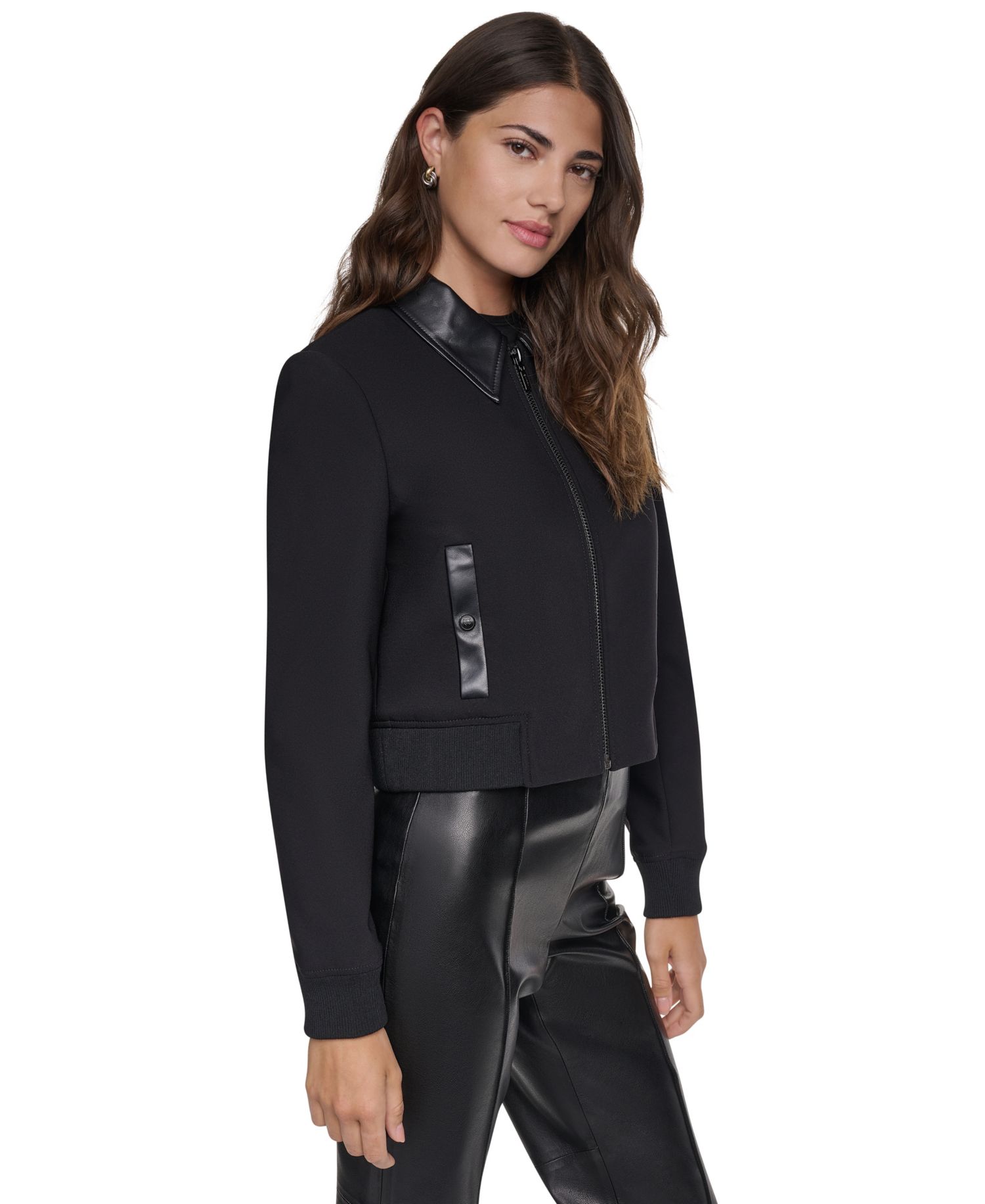Women's Faux-Leather Moto Cropped Bomber Jacket