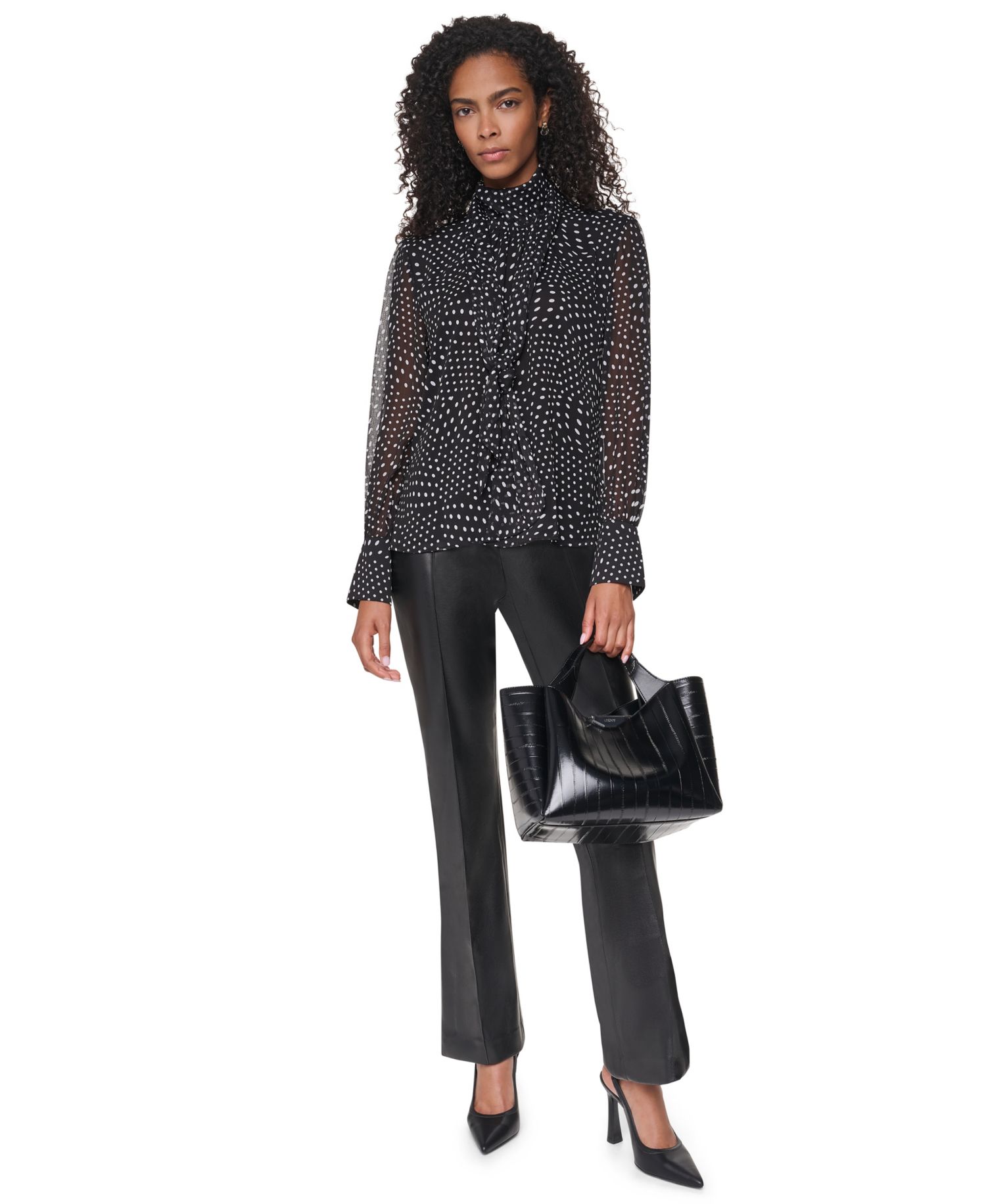 Women's Mock Neck Long Sleeve Polka Dots Blouse