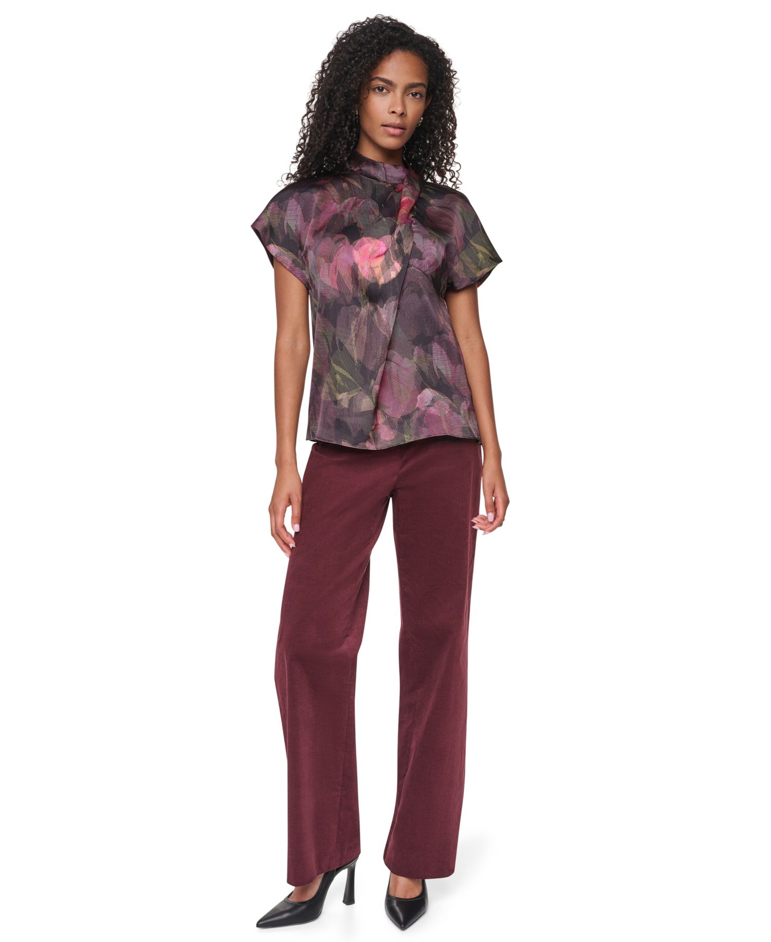 Women's Floral-Print Mock Neck Short-Sleeve Blouse