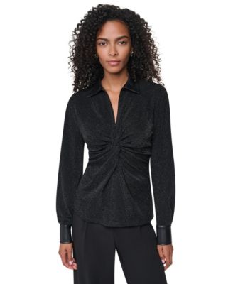 Women's Sparkle Knit Twist-Front Long-Sleeve Blouse