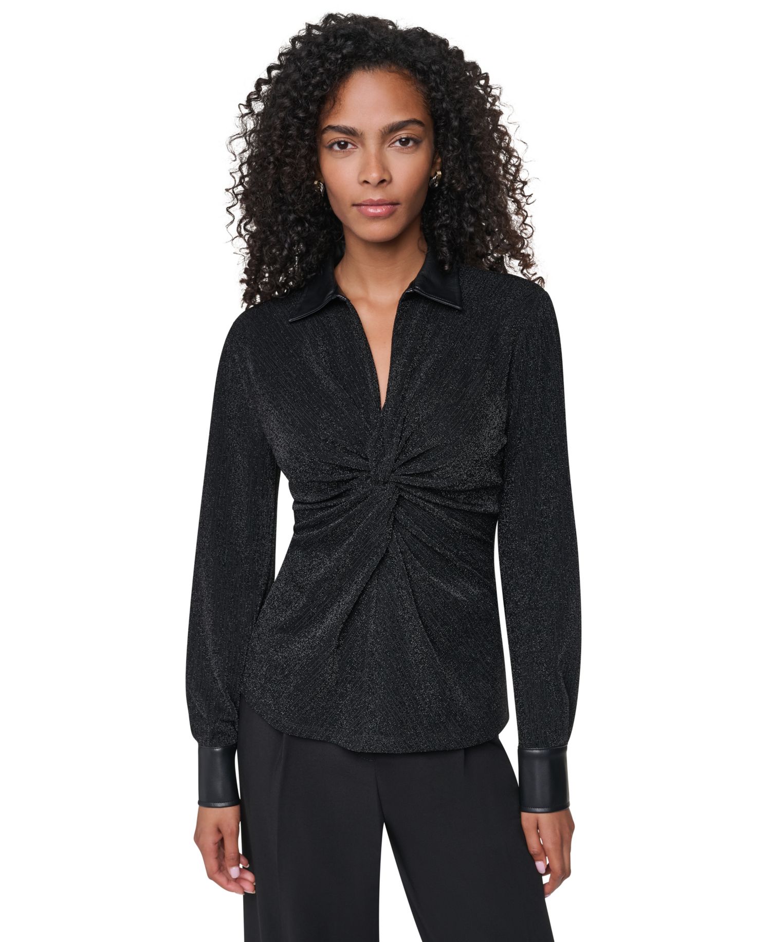 Women's Sparkle Knit Twist-Front Long-Sleeve Blouse
