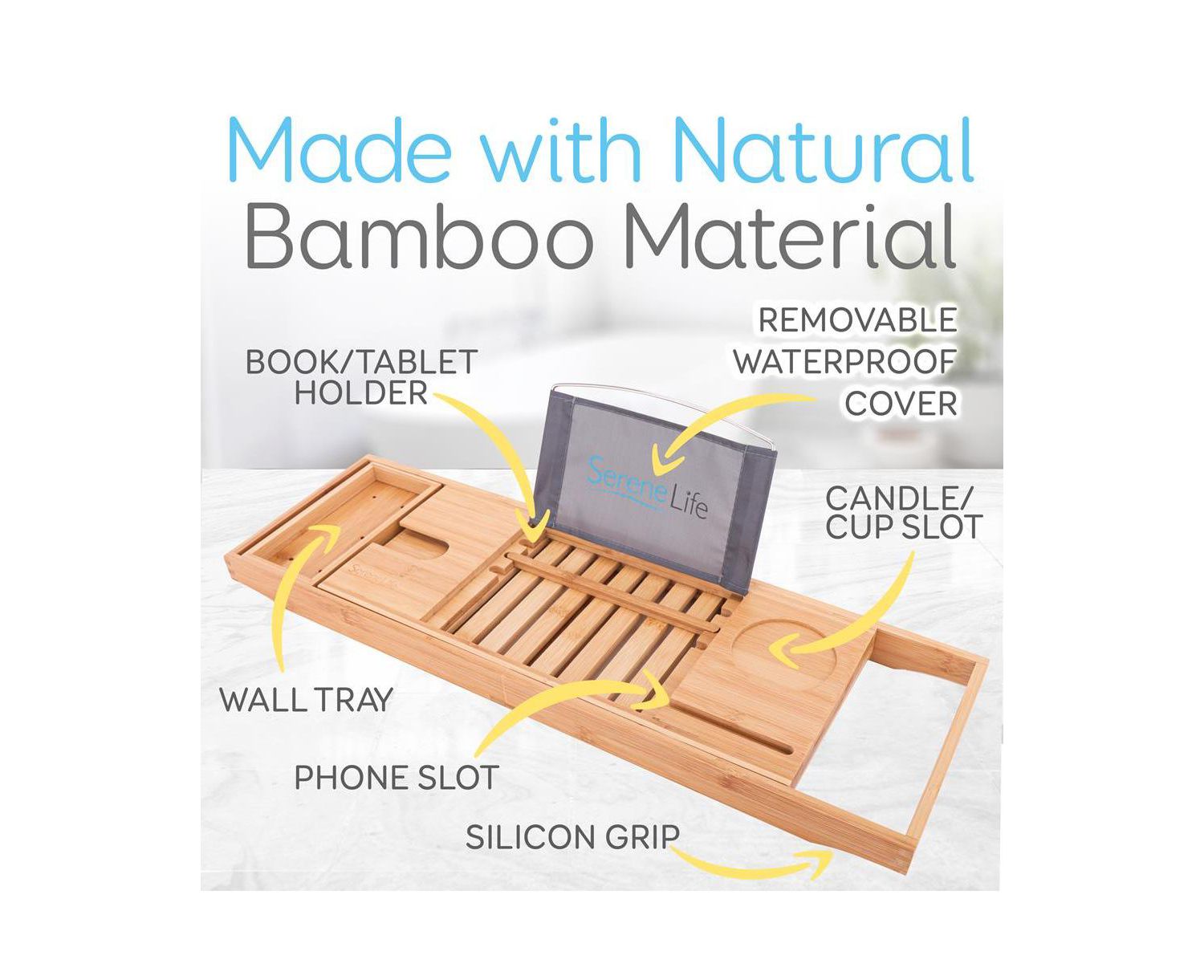 Toddler Luxury Bamboo Bathtub Caddy Tray, Adjustable Bath Organizer With Wine Holder and Phone Slot